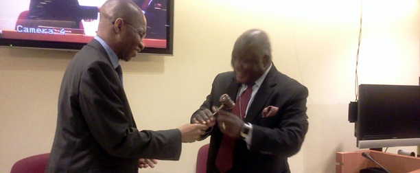 Ghana’s Permanent Ambassador to the United Nations, Ken Kanda (right) receiving the gravel from Ambassador Youssoufou of Cote D’Ivoire