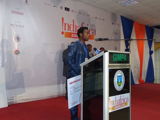 African winner of the 2014 INDIAFRICA Business Venture Contest, Mr. Obanor Chukwuwezam, addressing the audience at the ceremony after receiving his prize money