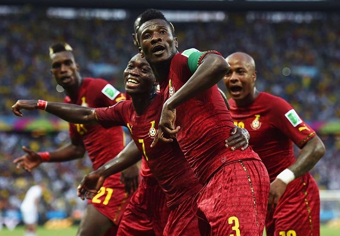 Skipper Asamoah Gyan celebrates his goal with his mates.