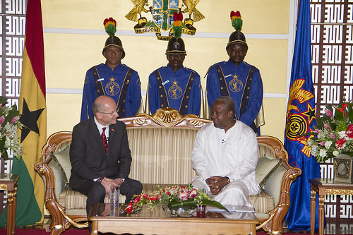 H.E.Gerhard Brugger, Swiss Confederation Ambassador to Ghana interacting with H.E. President John Dramani Mahama 