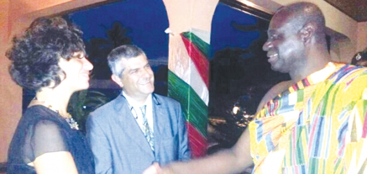 Ms Laura Carpini, the Italian Ambassador (left) and Mr Stefano Ramella Pezza (middle) the Honorary Consul of Italy, welcoming Mr Samuel Sarpong the Ashanti Regional Minister, to the function.