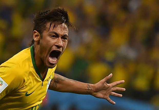 Neymar celebrates his first goal against Croatia.