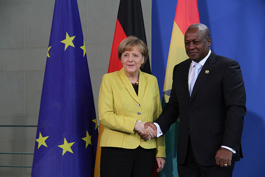 Chancellor Angela Merkel and President John Dramani Mahama addressing a press conference after their meeting on Monday