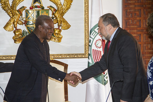 President John Dramani Mahama welcoming Mr. Avigdor Lieberman, Israeli Foreign Minister to the Flagstaff House