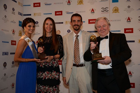 Lufthansa’s Eleni Nikoli, Director General of Finance and Personnel Greece and Cyprus (second left) and Mr. Konstantinos Tzevelekos, Sales Manager Greece, receiving the award from World Travel Awards President Graham Cooke.